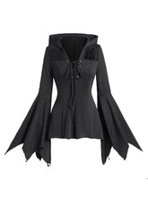 LIZAKOSHT  -  Lace Panel Flare Sleeve Hooded Top Plain Color Lace Up Long Sleeve Gothic Top Spring Fall Black Tops New